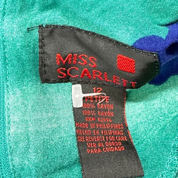 Vintage Miss Scarlett Midi Dress Size 12 Petite Blue Green Short Sleeve Artsy - Picture 8 of 8